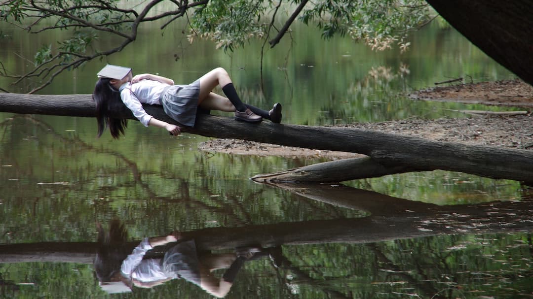 sleeping girl on a tree with book on face